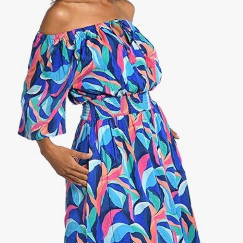 La Blanca Painted Leaves Print Midi Dress; Medium; Side Slits; pockets